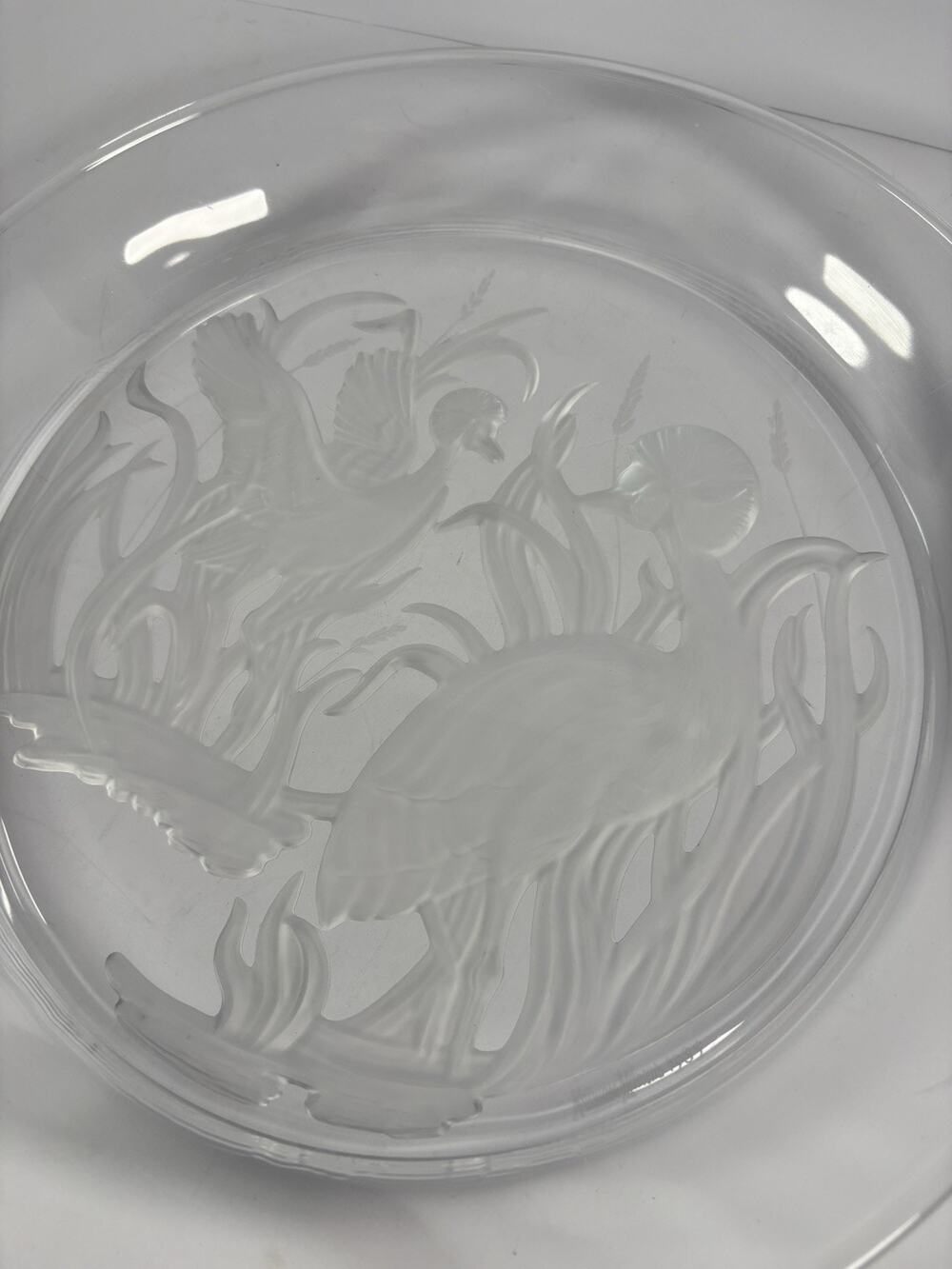 Vintage Lalique Neiman Marcus 1985 Crane Birds Crystal Platter Frosted 12.5 Inch